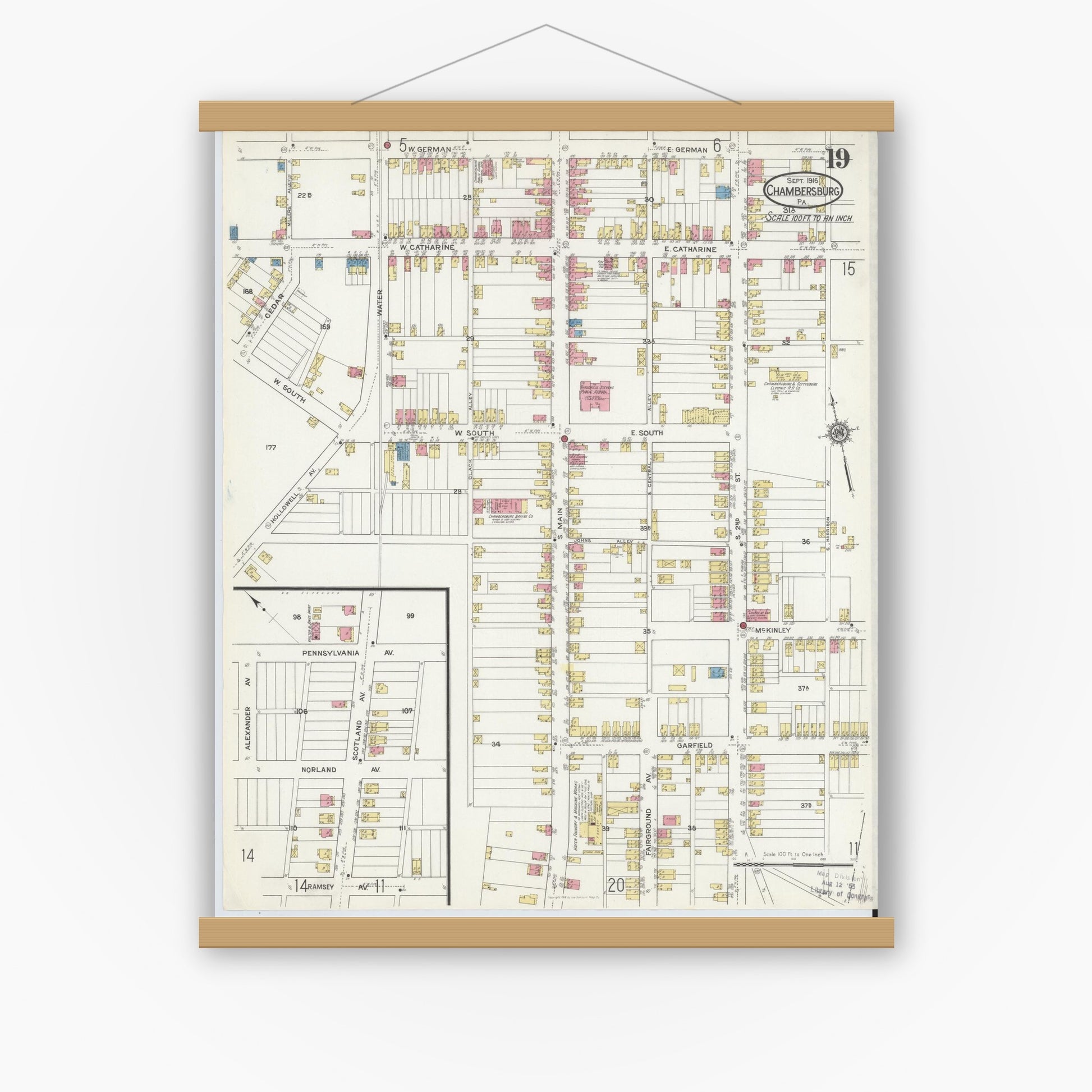 Old map wall art mockup — magnetic wood frame on white wall — Sanborn Fire Insurance Map from Chambersburg, Franklin County, Pennsylvania (1916), Sheet #0019