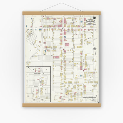 Old map wall art mockup — magnetic wood frame on white wall — Sanborn Fire Insurance Map from Chambersburg, Franklin County, Pennsylvania (1916), Sheet #0019