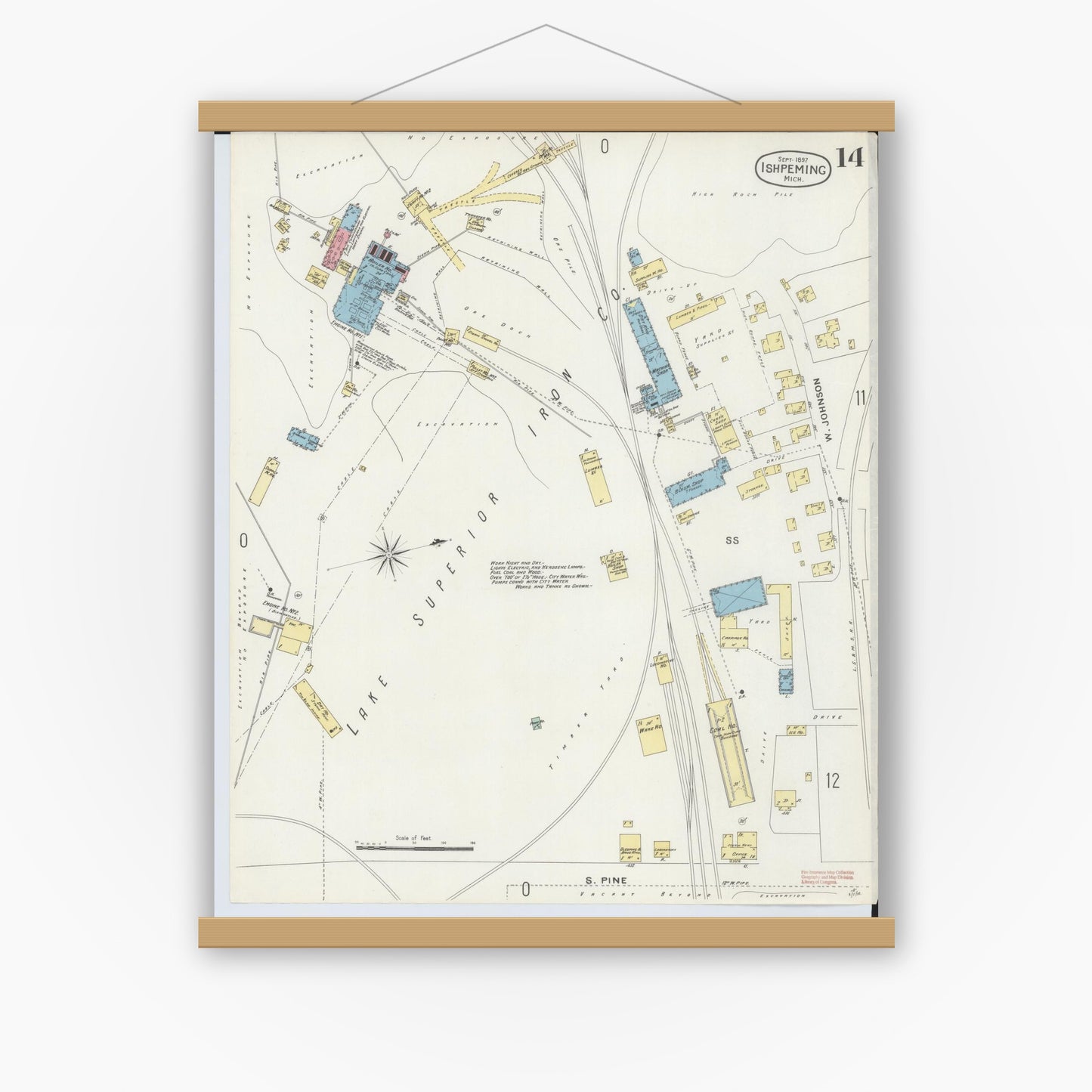 Old map wall art mockup — magnetic wood frame on white wall — Sanborn Fire Insurance Map from Ishpeming, Marquette County, Michigan (1897), Sheet #0014