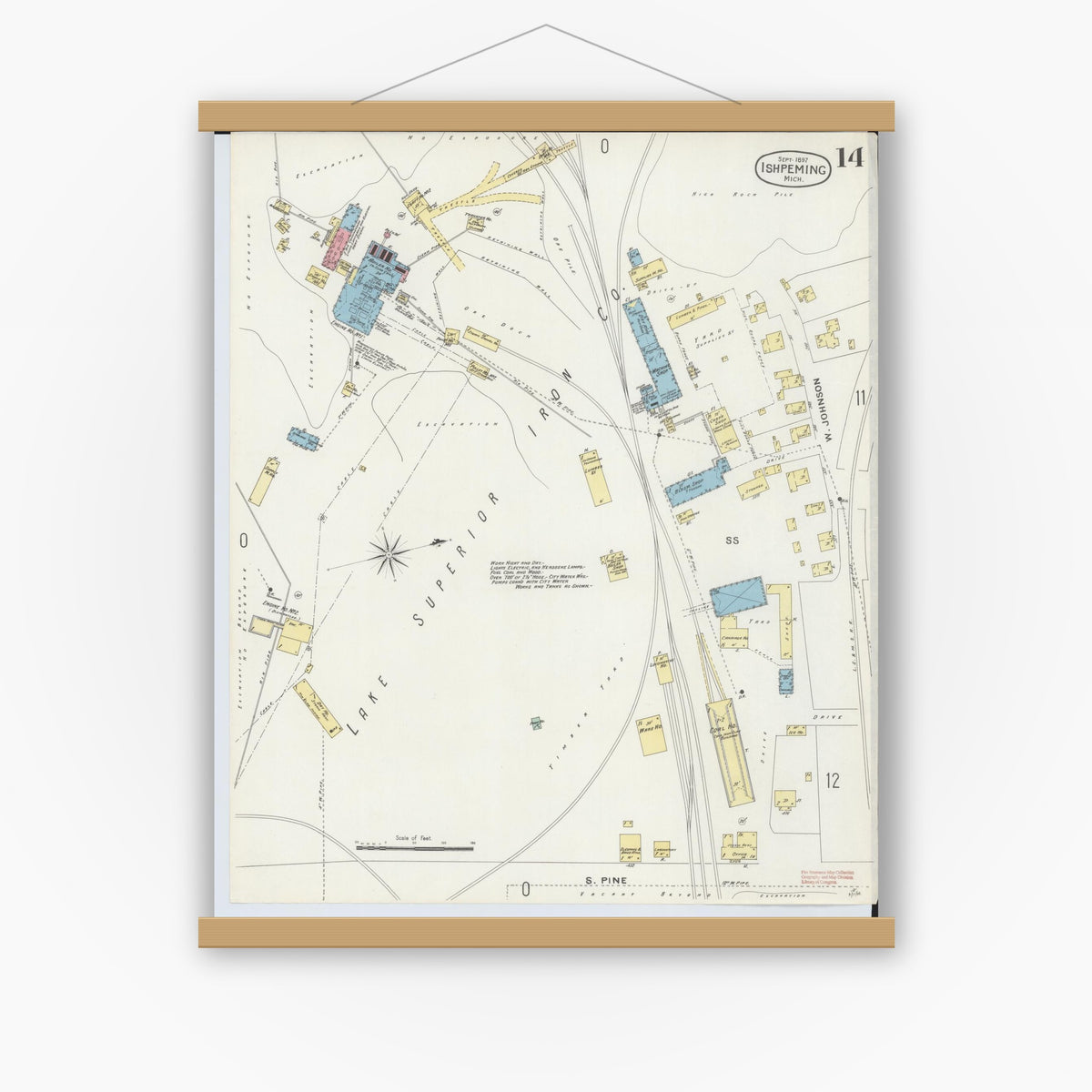 Old map wall art mockup — magnetic wood frame on white wall — Sanborn Fire Insurance Map from Ishpeming, Marquette County, Michigan (1897), Sheet #0014