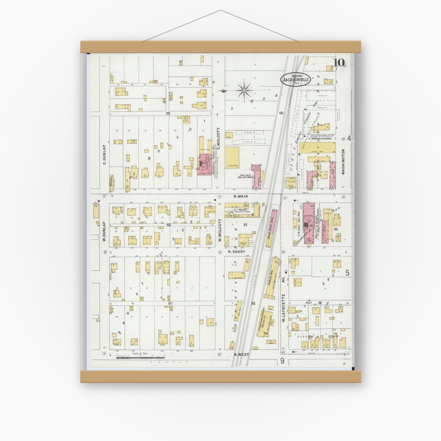 Old map wall art mockup — magnetic wood frame on white wall — Sanborn Fire Insurance Map from Jacksonville, Morgan County, Illinois (1899), Sheet #0010