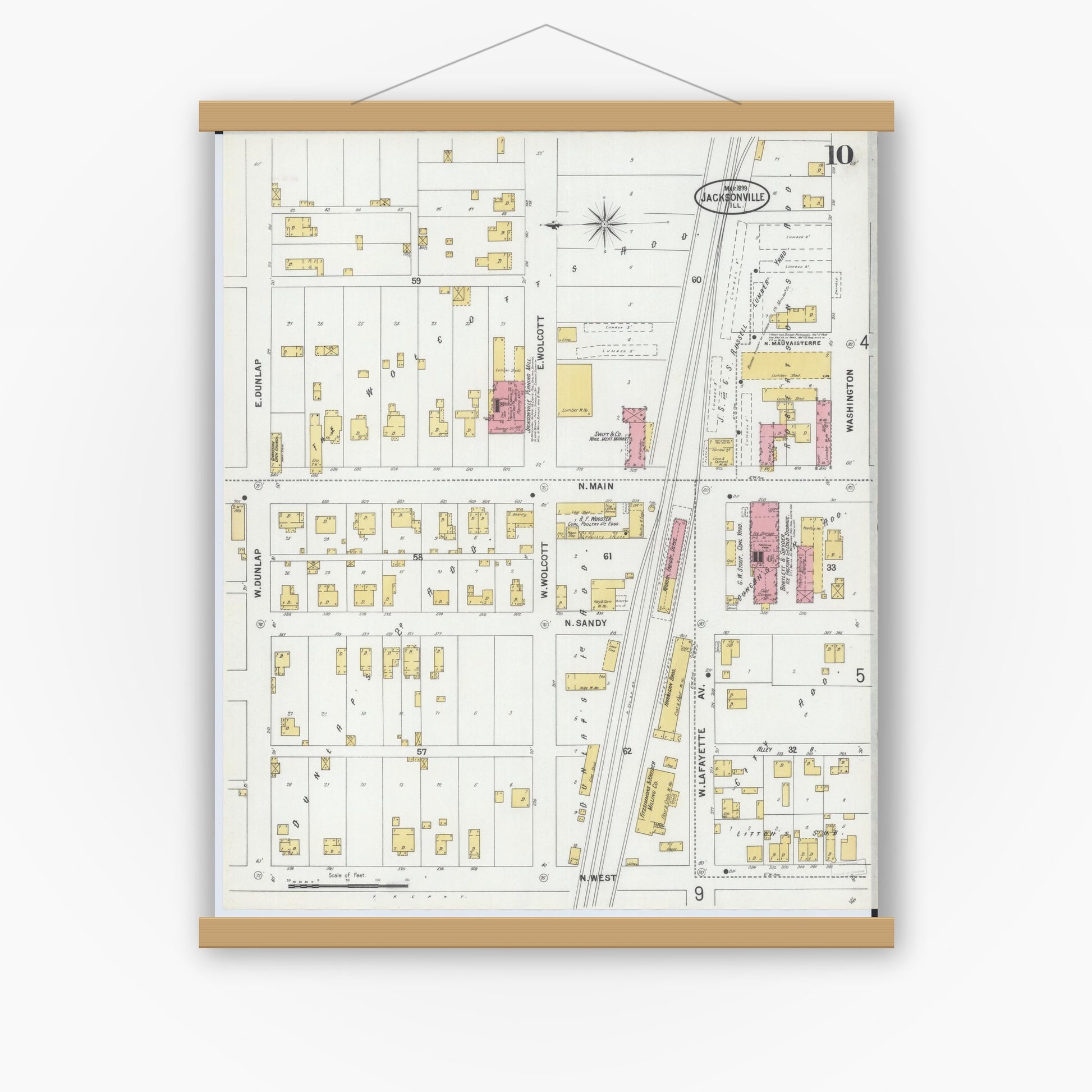 Old map wall art mockup — magnetic wood frame on white wall — Sanborn Fire Insurance Map from Jacksonville, Morgan County, Illinois (1899), Sheet #0010