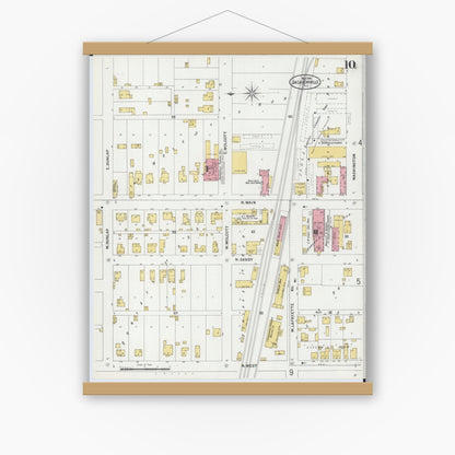 Old map wall art mockup — magnetic wood frame on white wall — Sanborn Fire Insurance Map from Jacksonville, Morgan County, Illinois (1899), Sheet #0010