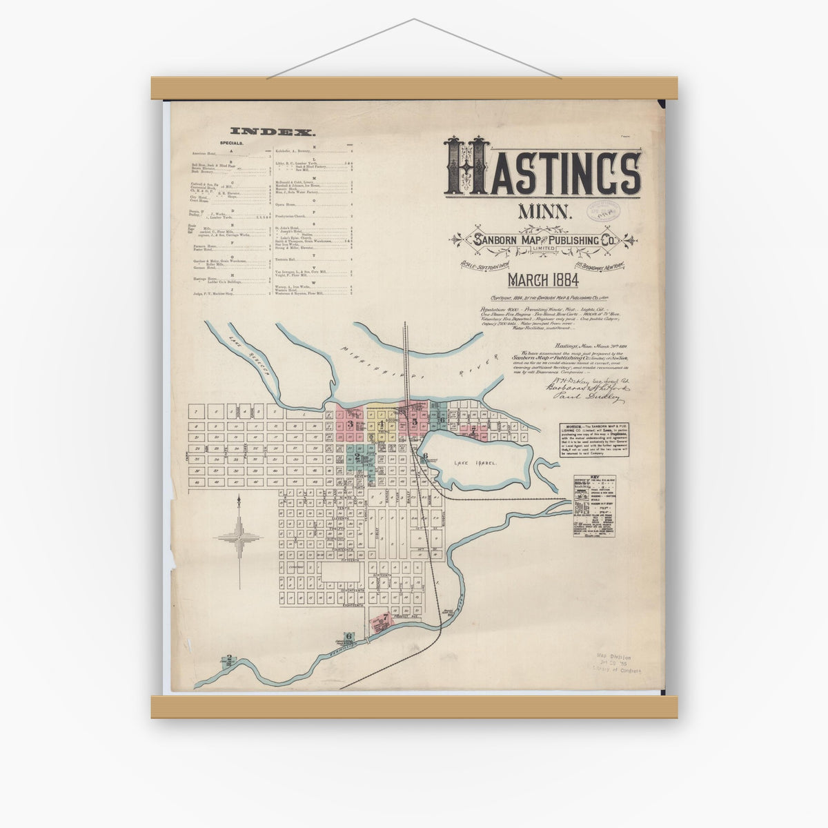 Old map wall art mockup — magnetic wood frame on white wall — Sanborn Fire Insurance Map from Hastings, Dakota County, Minnesota (1884) - Complete Map Set