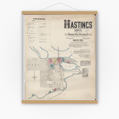 Old map wall art mockup — magnetic wood frame on white wall — Sanborn Fire Insurance Map from Hastings, Dakota County, Minnesota (1884) - Complete Map Set