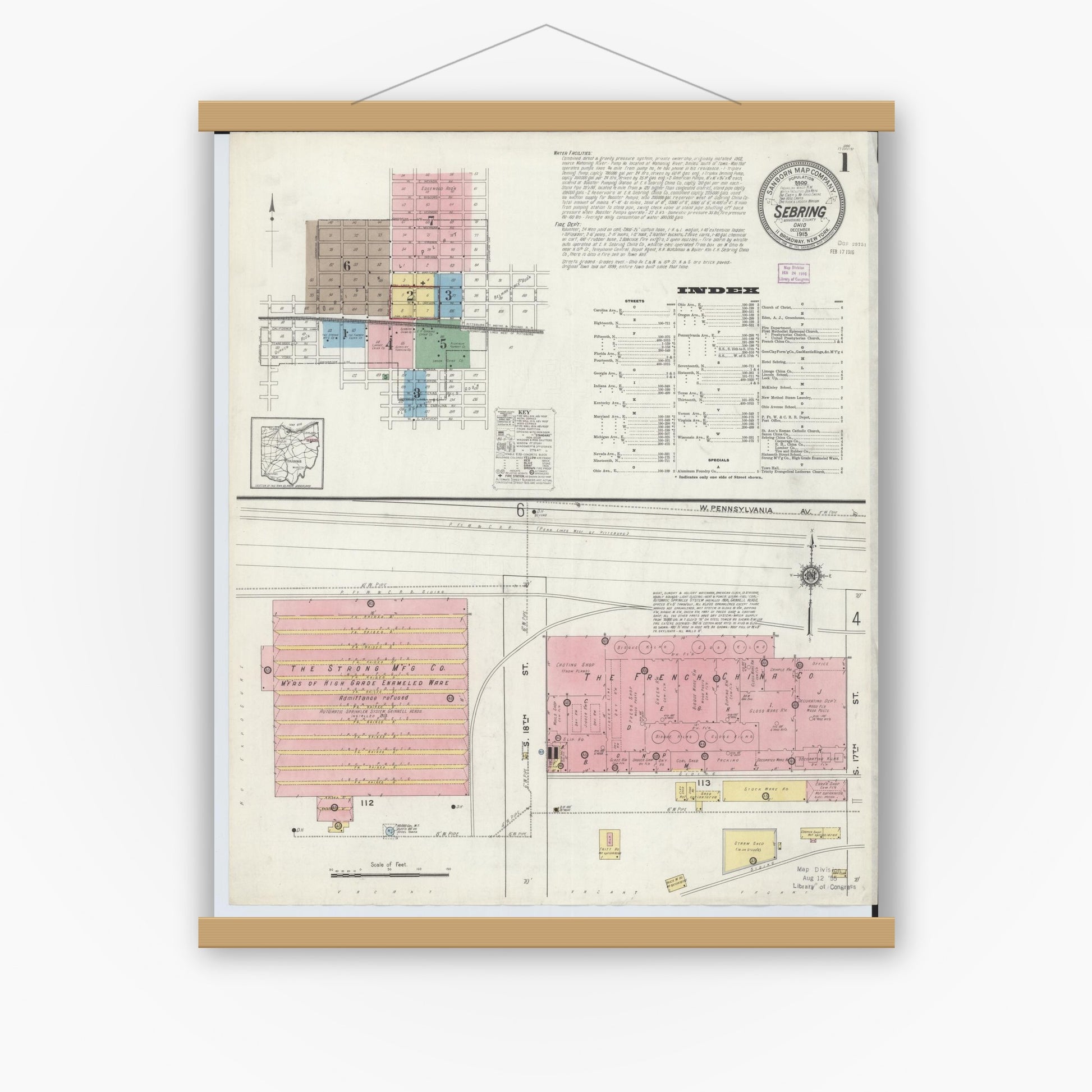 Old map wall art mockup — magnetic wood frame on white wall — Sanborn Fire Insurance Map from Sebring, Mahoning County, Ohio (1915), Sheet #0001