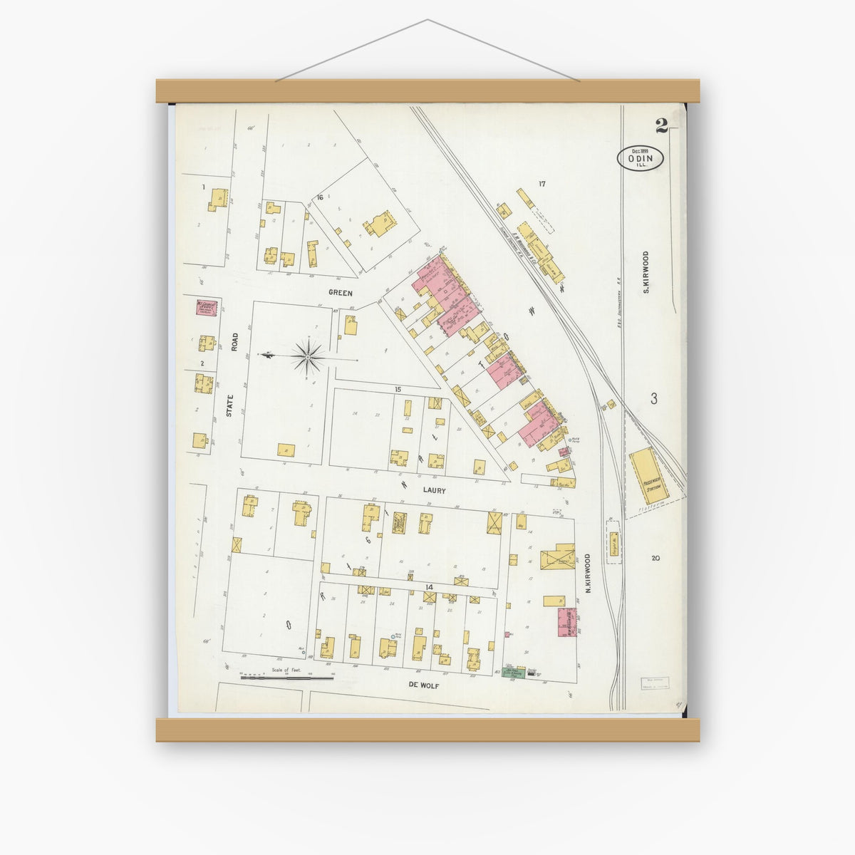 Old map wall art mockup — magnetic wood frame on white wall — Sanborn Fire Insurance Map from Odin, Marion County, Illinois (1899), Sheet #0002