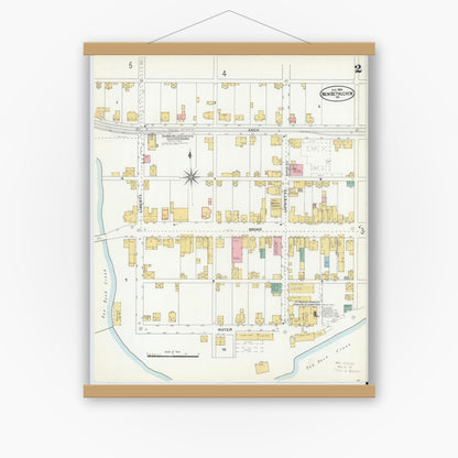 Old map wall art mockup — magnetic wood frame on white wall — Sanborn Fire Insurance Map from New Bethlehem, Clarion County, Pennsylvania (1904), Sheet #0002