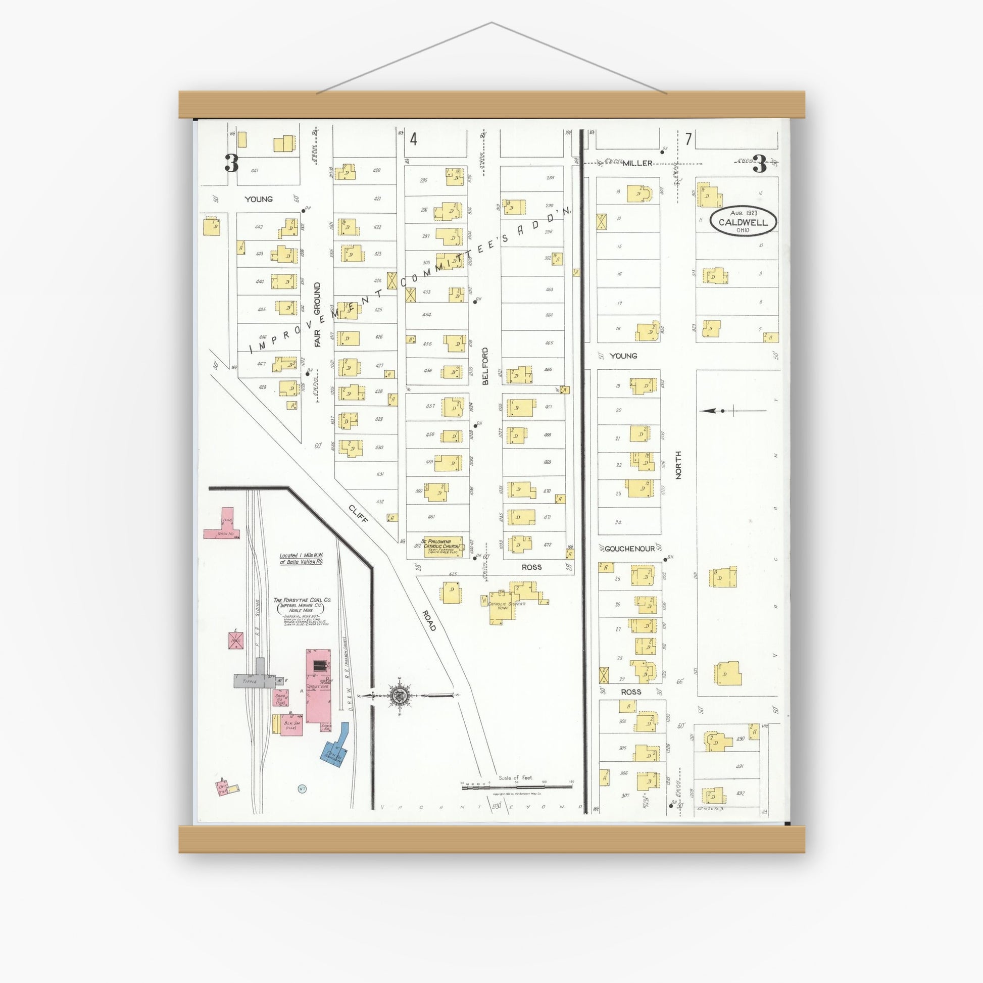 Old map wall art mockup — magnetic wood frame on white wall — Sanborn Fire Insurance Map from Caldwell, Noble County, Ohio (1923), Sheet #0003