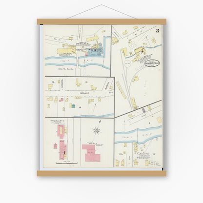 Old map wall art mockup — magnetic wood frame on white wall — Sanborn Fire Insurance Map from Chagrin Falls, Cuyahoga County, Ohio (1893), Sheet #0003