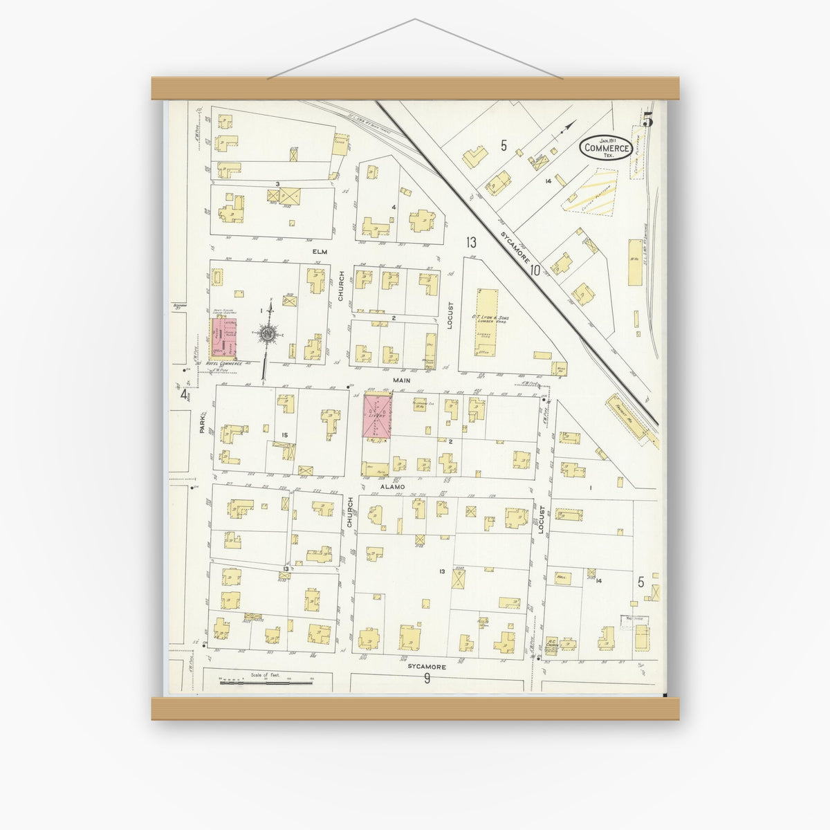 Old map wall art mockup — magnetic wood frame on white wall — Sanborn Fire Insurance Map from Commerce, Hunt County, Texas (1911), Sheet #0005