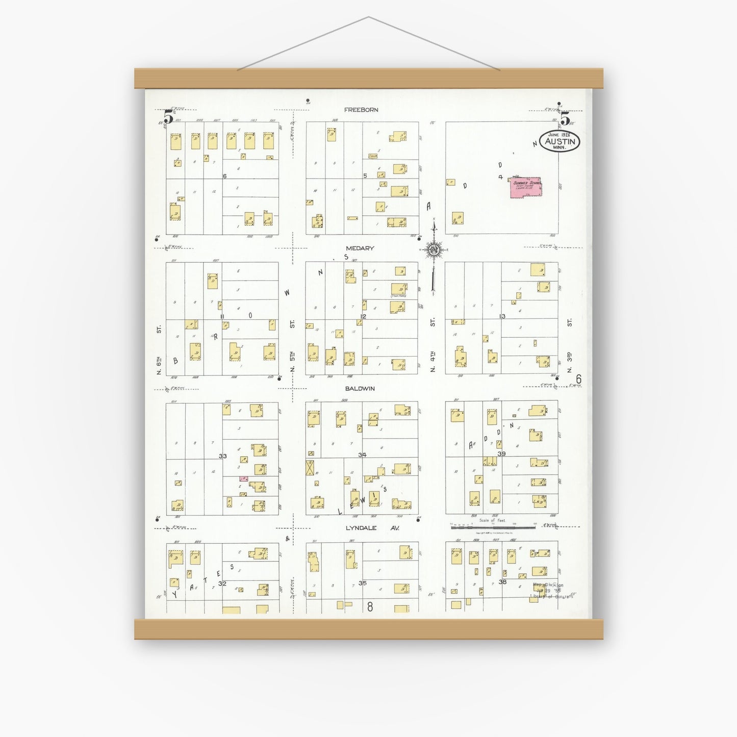 Old map wall art mockup — magnetic wood frame on white wall — Sanborn Fire Insurance Map from Austin, Mower County, Minnesota (1926), Sheet #0005