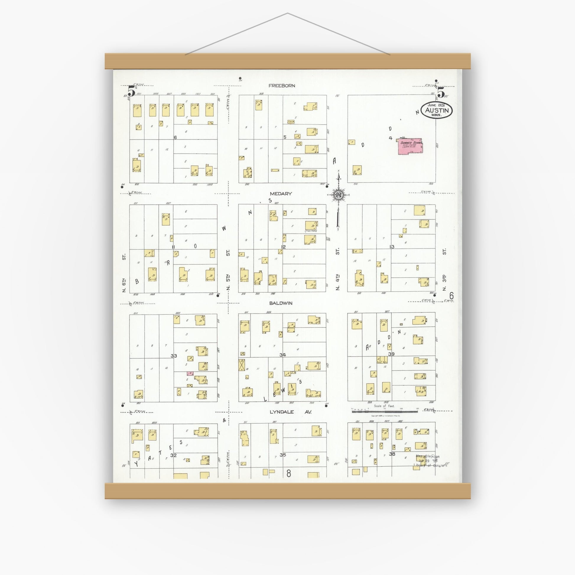 Old map wall art mockup — magnetic wood frame on white wall — Sanborn Fire Insurance Map from Austin, Mower County, Minnesota (1926), Sheet #0005