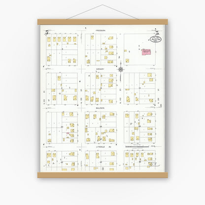 Old map wall art mockup — magnetic wood frame on white wall — Sanborn Fire Insurance Map from Austin, Mower County, Minnesota (1926), Sheet #0005