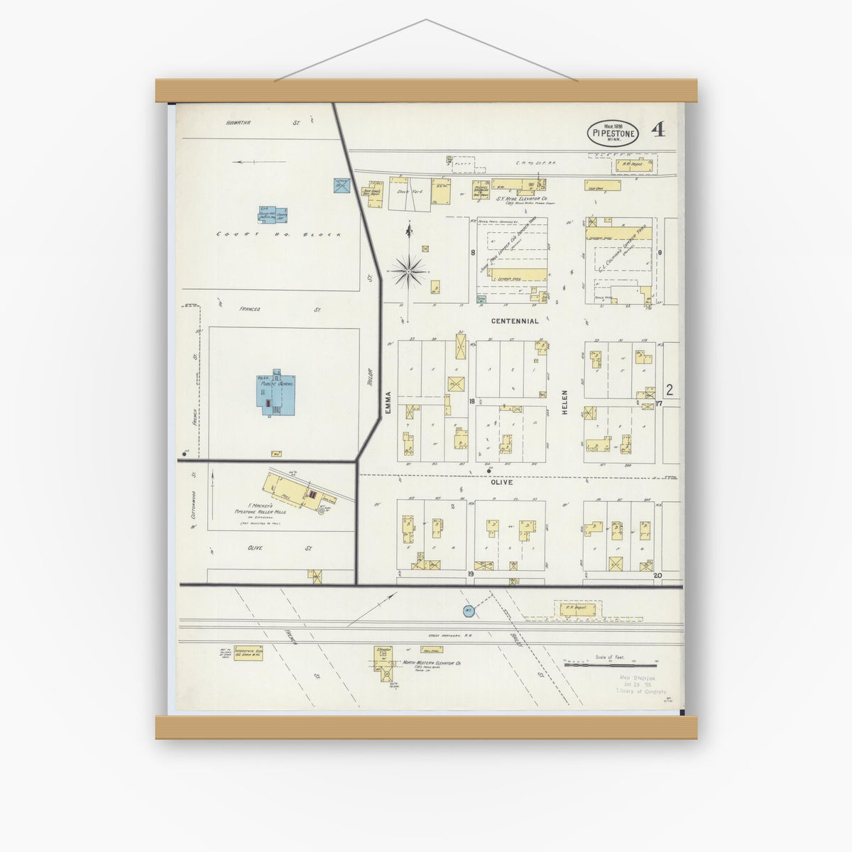 Old map wall art mockup — magnetic wood frame on white wall — Sanborn Fire Insurance Map from Pipestone, Pipestone County, Minnesota (1898), Sheet #0004