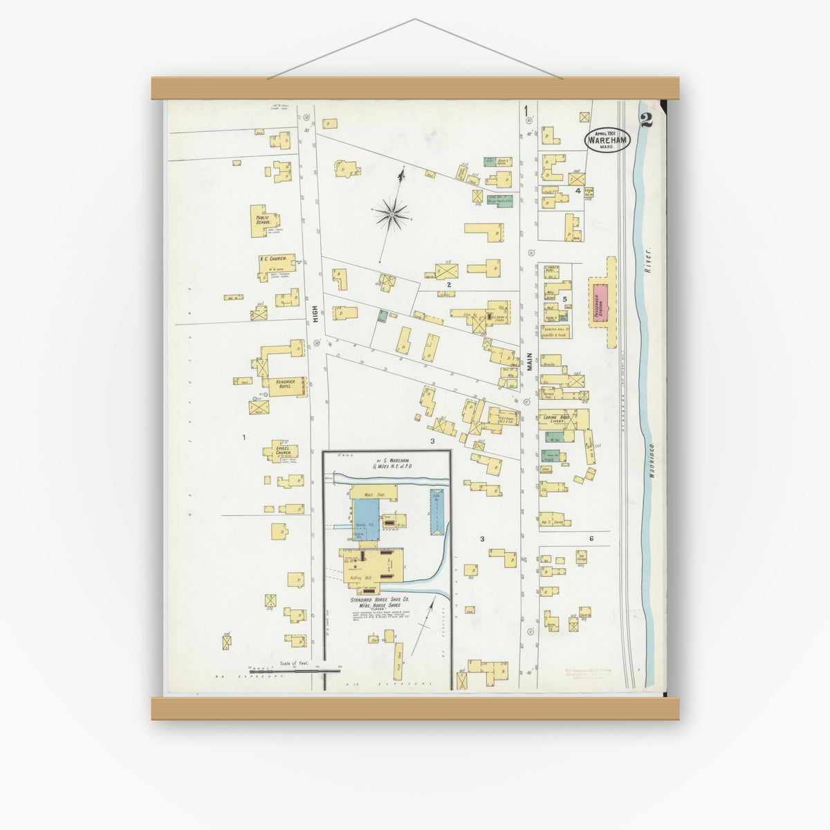 Old map wall art mockup — magnetic wood frame on white wall — Sanborn Fire Insurance Map from Wareham, Plymouth County, Massachusetts (1901), Sheet #0002
