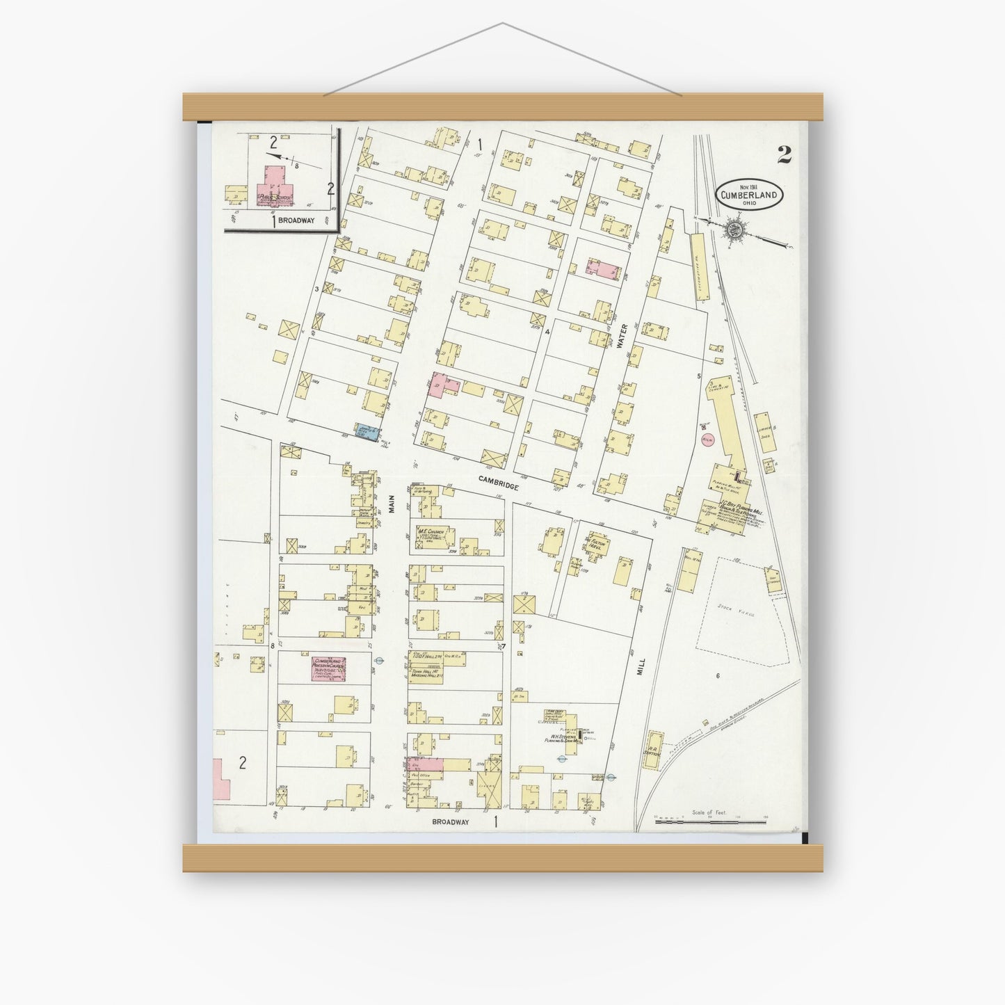 Old map wall art mockup — magnetic wood frame on white wall — Sanborn Fire Insurance Map from Cumberland, Guernsey County, Ohio (1911), Sheet #0002