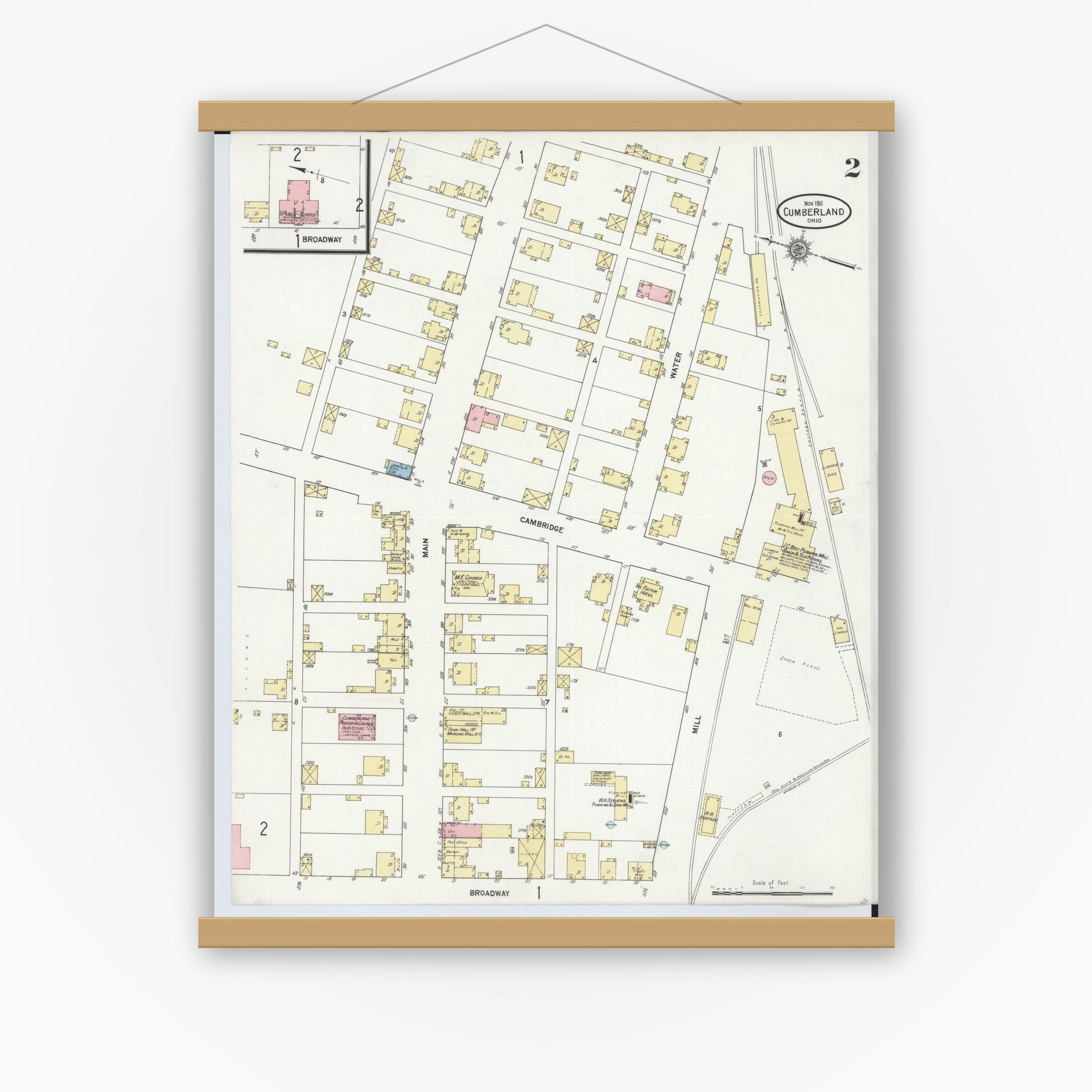 Old map wall art mockup — magnetic wood frame on white wall — Sanborn Fire Insurance Map from Cumberland, Guernsey County, Ohio (1911), Sheet #0002