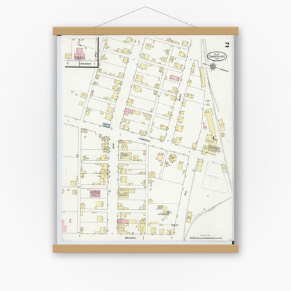 Old map wall art mockup — magnetic wood frame on white wall — Sanborn Fire Insurance Map from Cumberland, Guernsey County, Ohio (1911), Sheet #0002