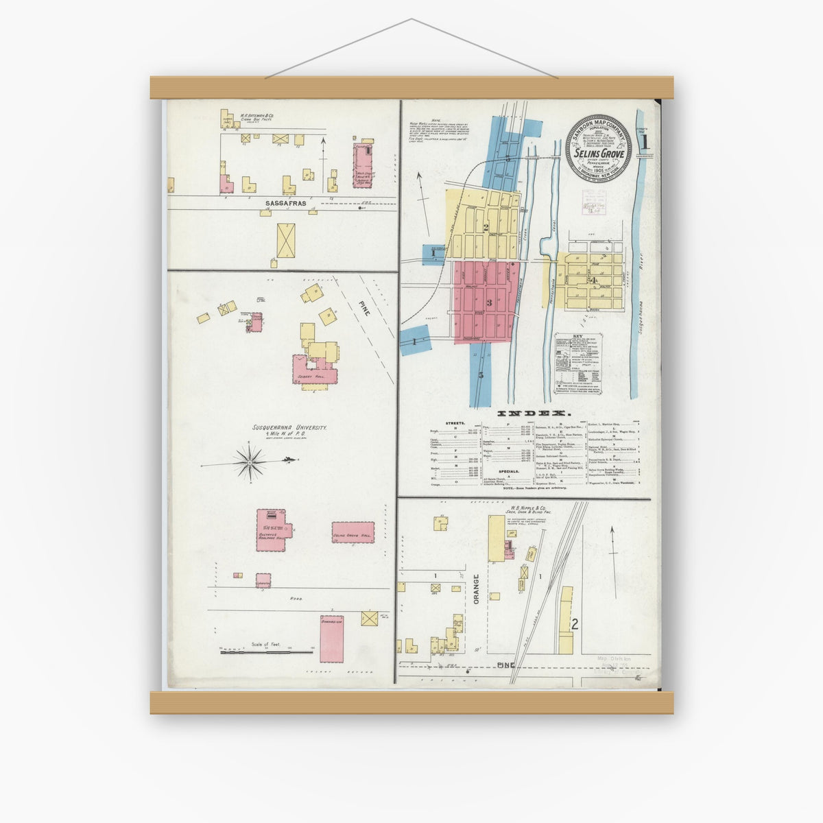 Old map wall art mockup — magnetic wood frame on white wall — Sanborn Fire Insurance Map from Selins Grove, Snyder County, Pennsylvania (1905) - Complete Map Set