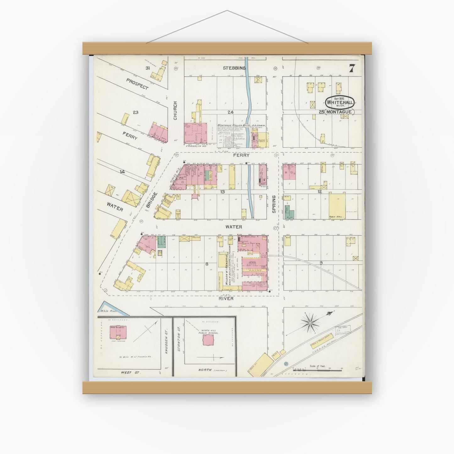 Old map wall art mockup — magnetic wood frame on white wall — Sanborn Fire Insurance Map from Whitehall, Muskegon County, Michigan (1892), Sheet #0007