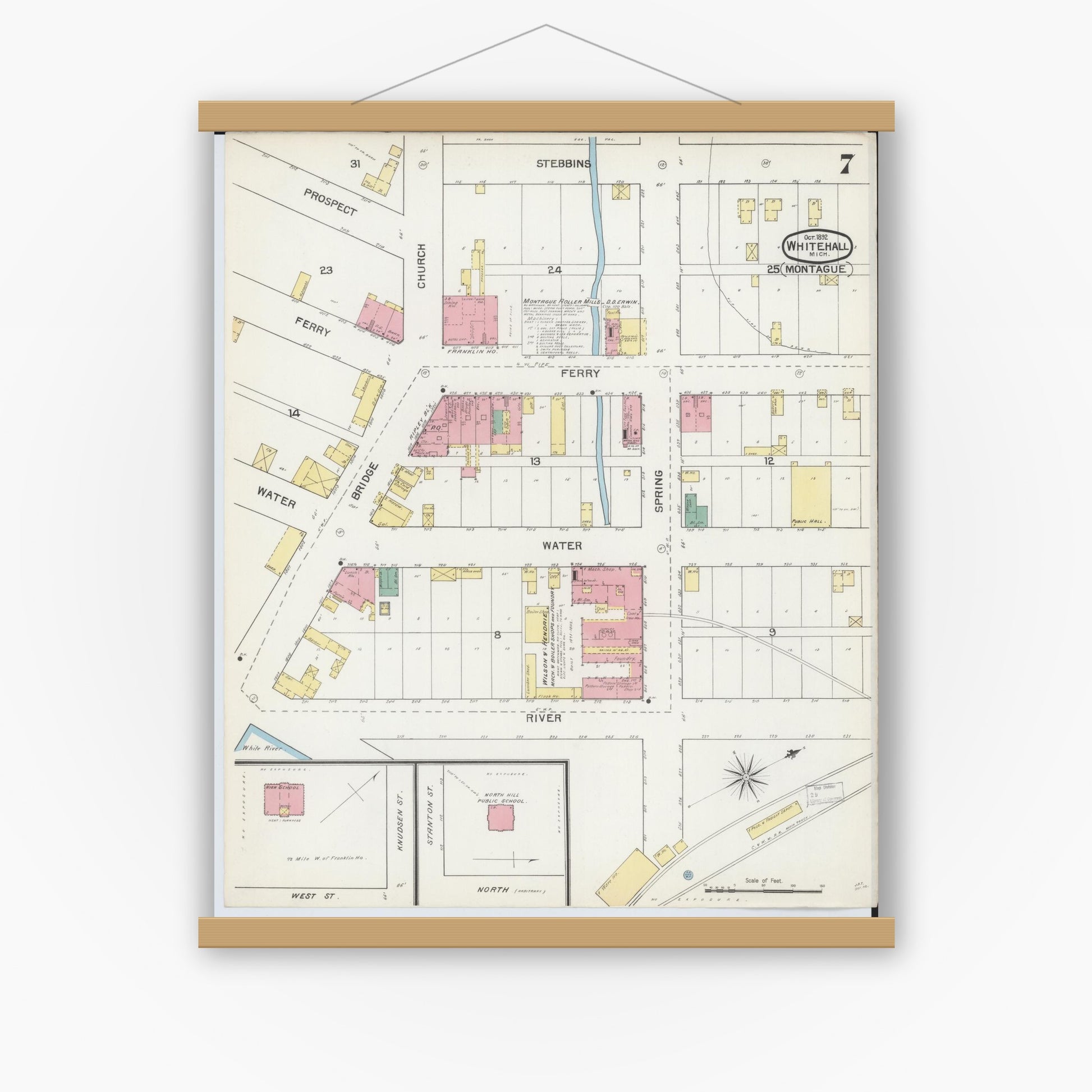 Old map wall art mockup — magnetic wood frame on white wall — Sanborn Fire Insurance Map from Whitehall, Muskegon County, Michigan (1892), Sheet #0007