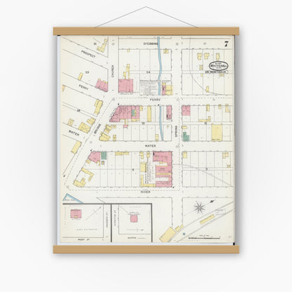 Old map wall art mockup — magnetic wood frame on white wall — Sanborn Fire Insurance Map from Whitehall, Muskegon County, Michigan (1892), Sheet #0007