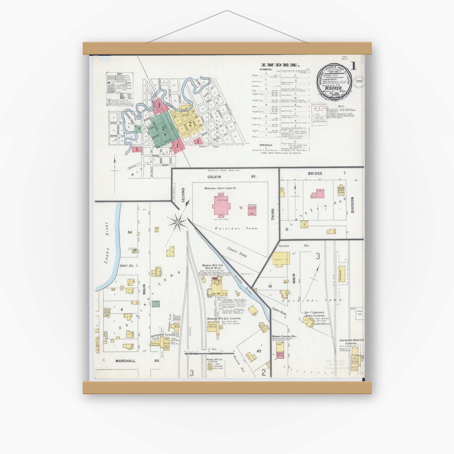 Old map wall art mockup — magnetic wood frame on white wall — Sanborn Fire Insurance Map from Warren, Marshall County, Minnesota (1899) - Complete Map Set