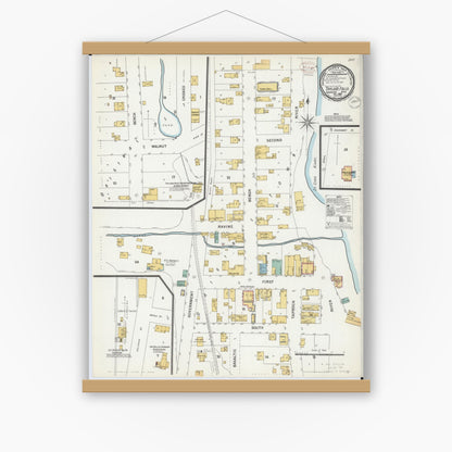 Old map wall art mockup — magnetic wood frame on white wall — Sanborn Fire Insurance Map from Taylors Falls, Chisago County, Minnesota (1899), Sheet #0001