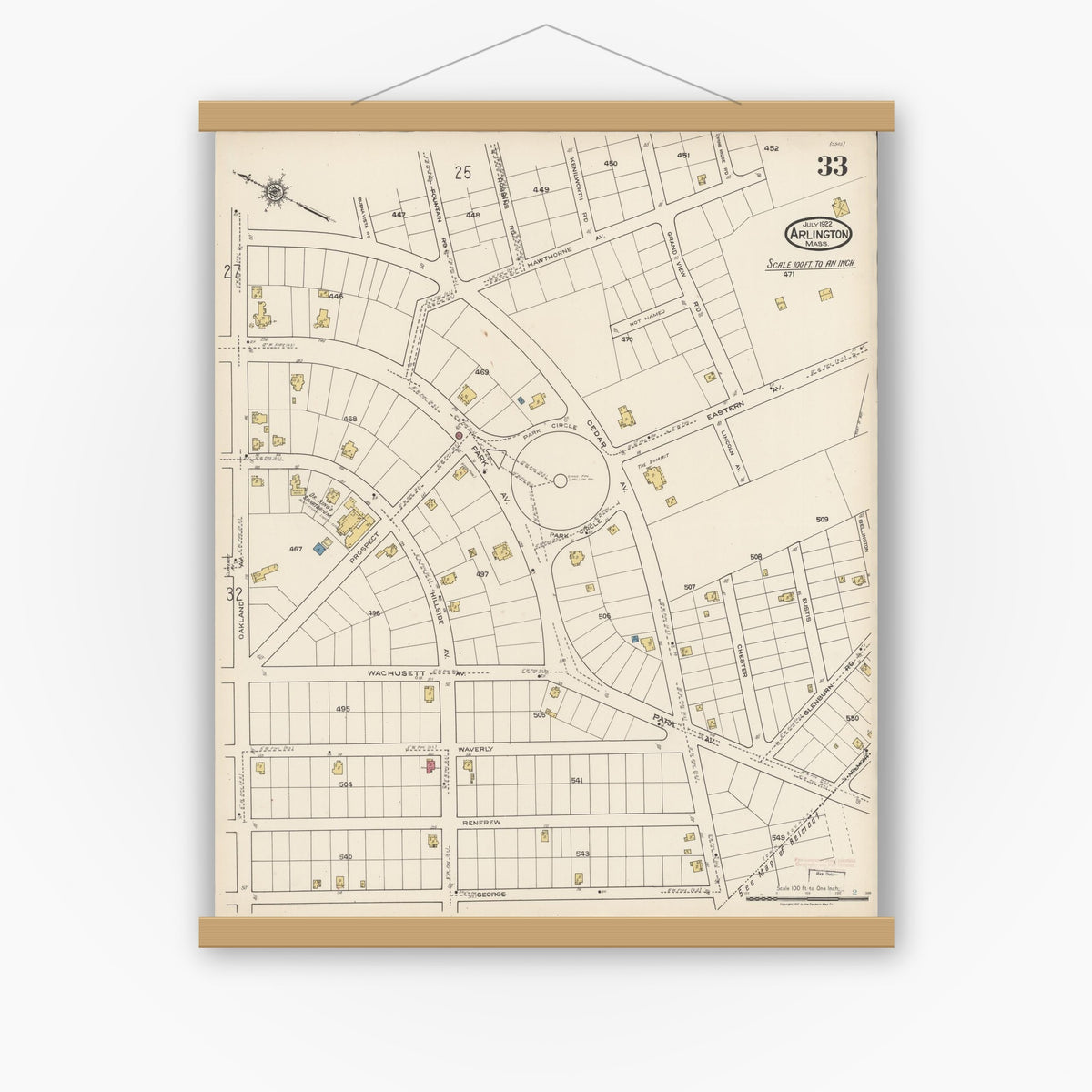 Old map wall art mockup — magnetic wood frame on white wall — Sanborn Fire Insurance Map from Arlington, Middlesex County, Massachusetts (1922), Sheet #0033