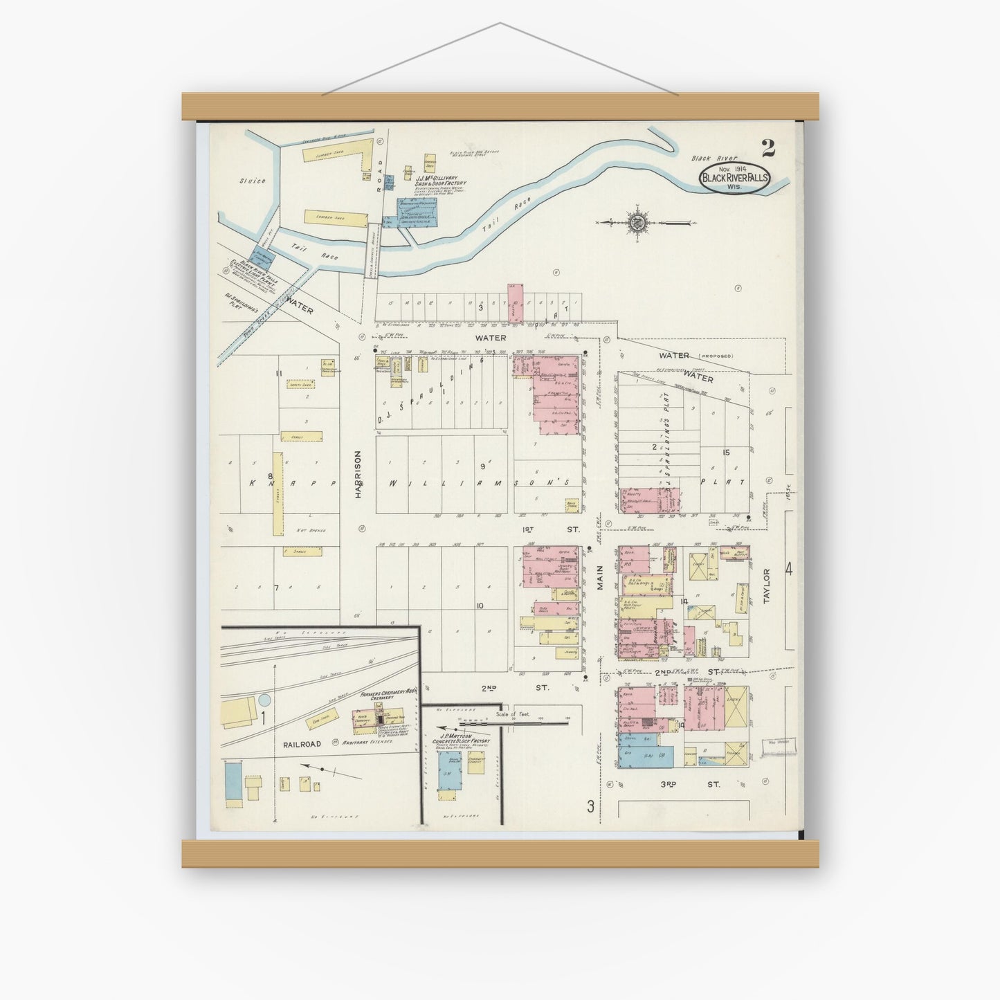 Old map wall art mockup — magnetic wood frame on white wall — Sanborn Fire Insurance Map from Black River Falls, Jackson County, Wisconsin (1914), Sheet #0002