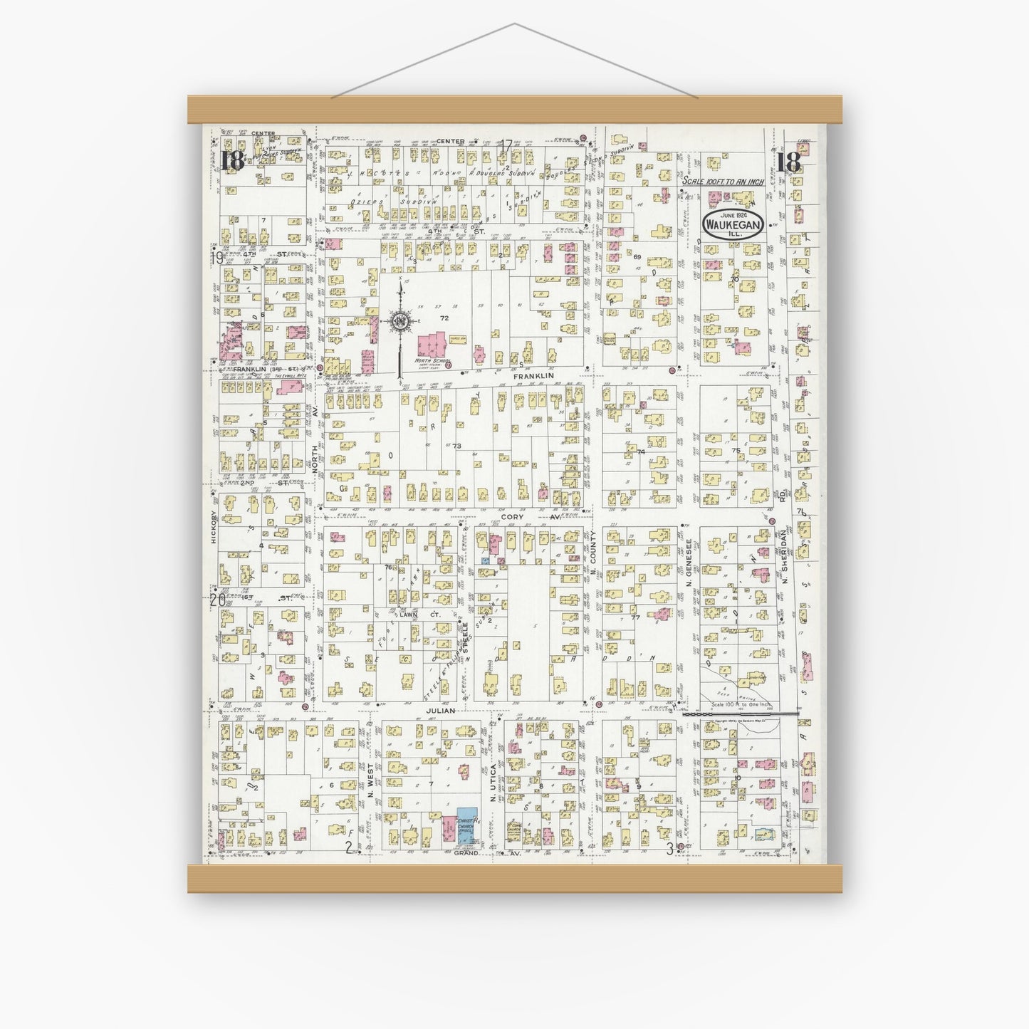 Old map wall art mockup — magnetic wood frame on white wall — Sanborn Fire Insurance Map from Waukegan, Lake County, Illinois (1924), Sheet #0018