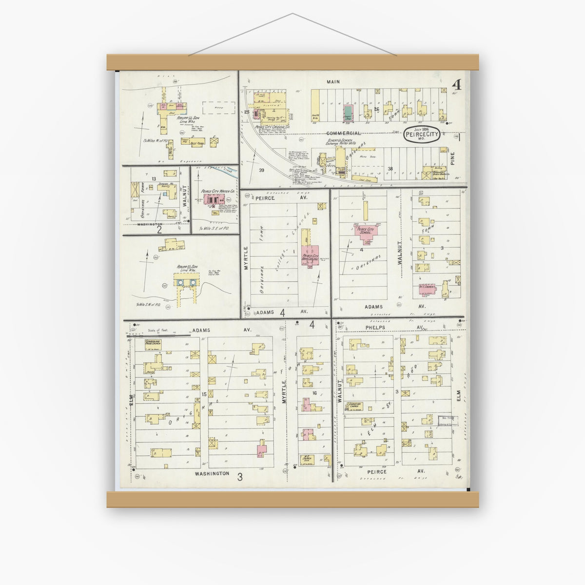 Old map wall art mockup — magnetic wood frame on white wall — Sanborn Fire Insurance Map from Pierce City, Lawrence County, Missouri (1896), Sheet #0004