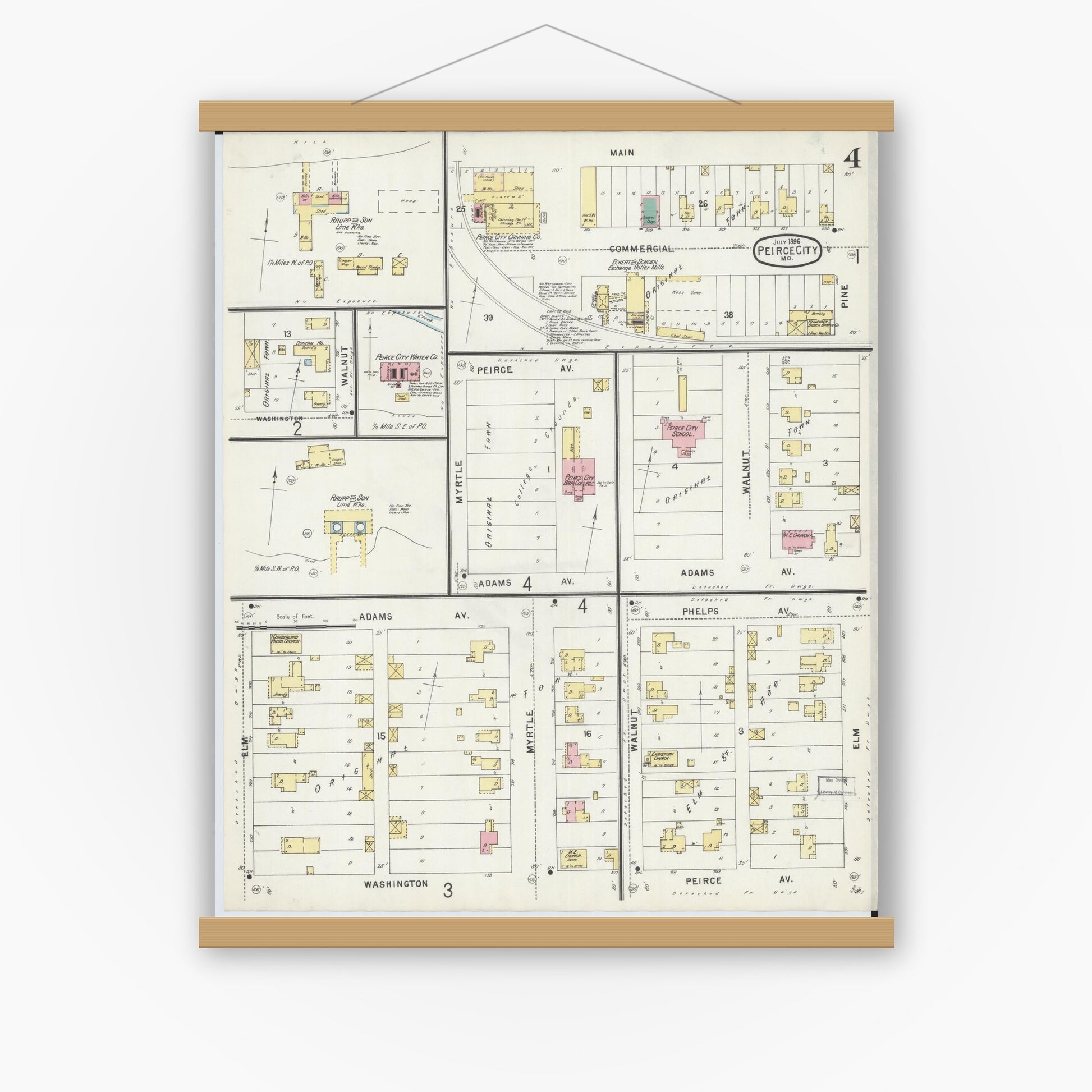 Old map wall art mockup — magnetic wood frame on white wall — Sanborn Fire Insurance Map from Pierce City, Lawrence County, Missouri (1896), Sheet #0004