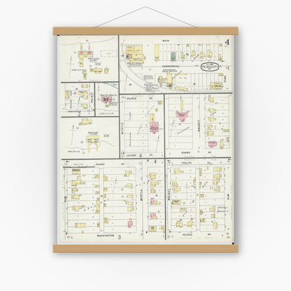 Old map wall art mockup — magnetic wood frame on white wall — Sanborn Fire Insurance Map from Pierce City, Lawrence County, Missouri (1896), Sheet #0004