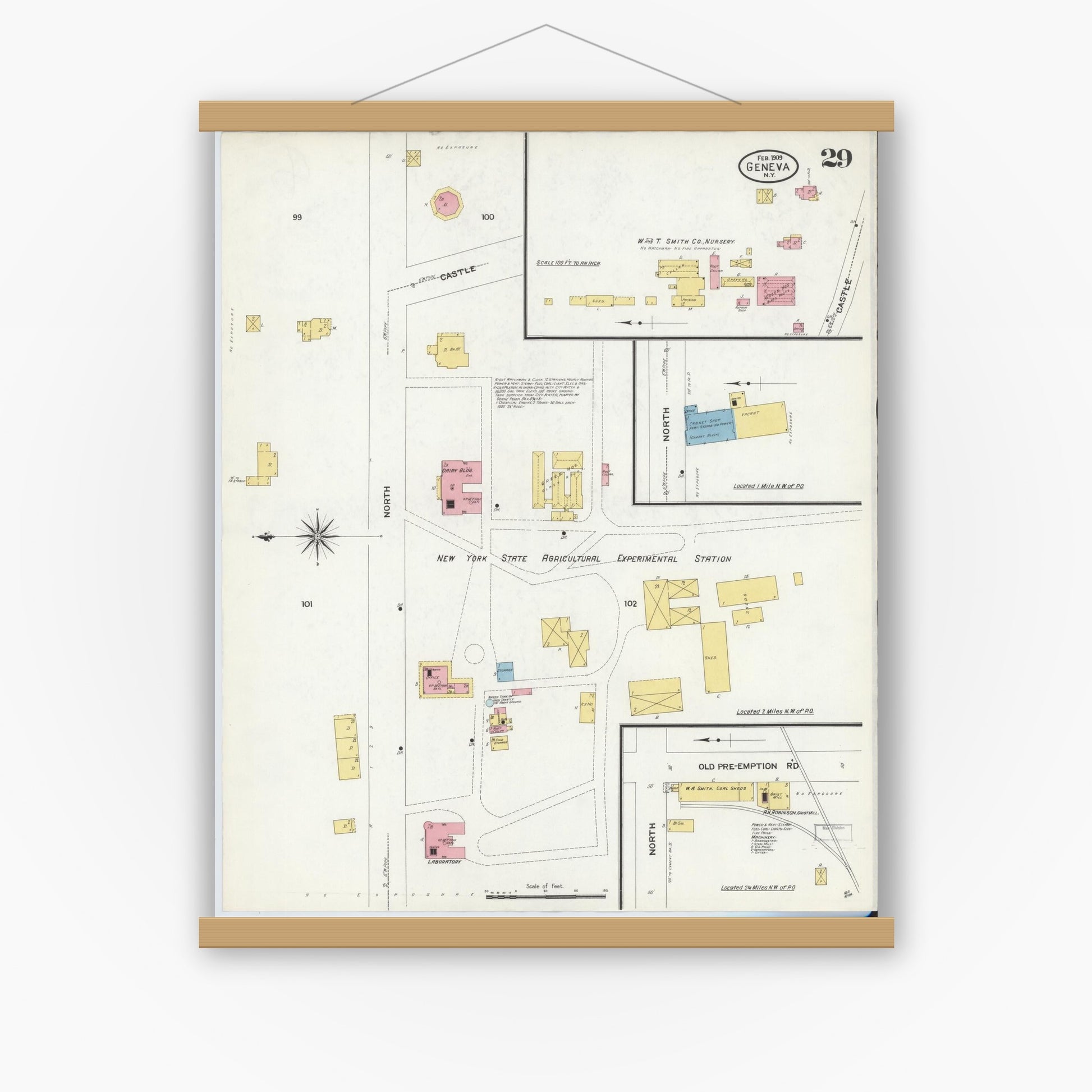 Old map wall art mockup — magnetic wood frame on white wall — Sanborn Fire Insurance Map from Geneva, Ontario County, New York (1909), Sheet #0029