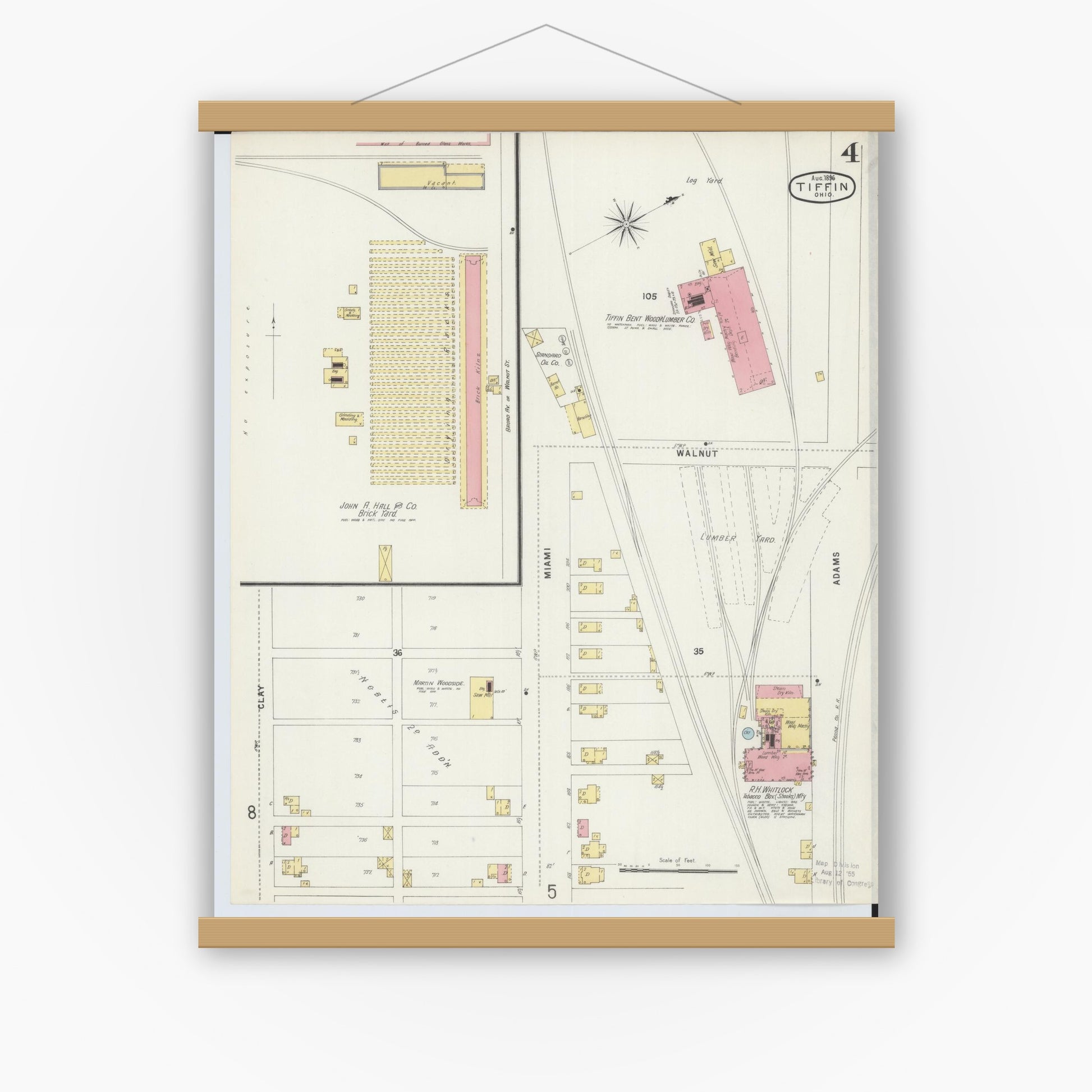 Old map wall art mockup — magnetic wood frame on white wall — Sanborn Fire Insurance Map from Tiffin, Seneca County, Ohio (1896), Sheet #0004