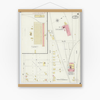 Old map wall art mockup — magnetic wood frame on white wall — Sanborn Fire Insurance Map from Tiffin, Seneca County, Ohio (1896), Sheet #0004