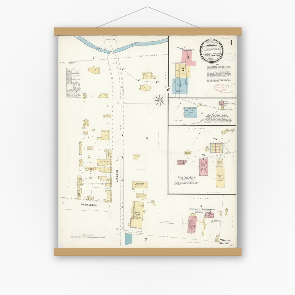 Old map wall art mockup — magnetic wood frame on white wall — Sanborn Fire Insurance Map from Mission San Jose, Alameda County, California (1897), Sheet #0001