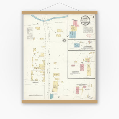 Old map wall art mockup — magnetic wood frame on white wall — Sanborn Fire Insurance Map from Mission San Jose, Alameda County, California (1897), Sheet #0001