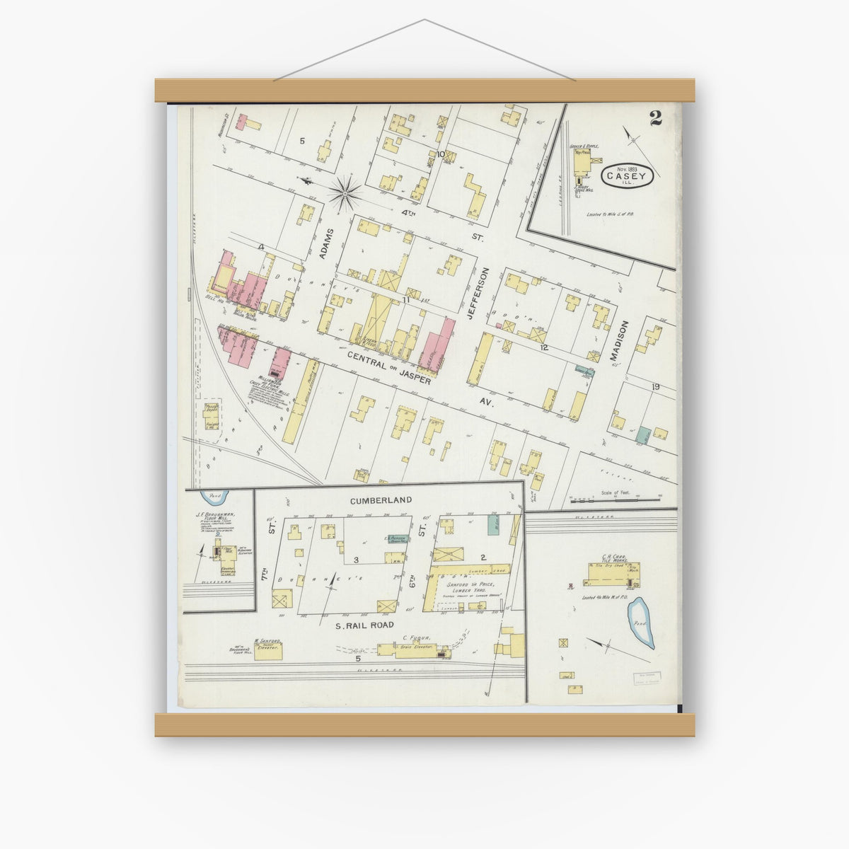 Old map wall art mockup — magnetic wood frame on white wall — Sanborn Fire Insurance Map from Casey, Clark County, Illinois (1893), Sheet #0002