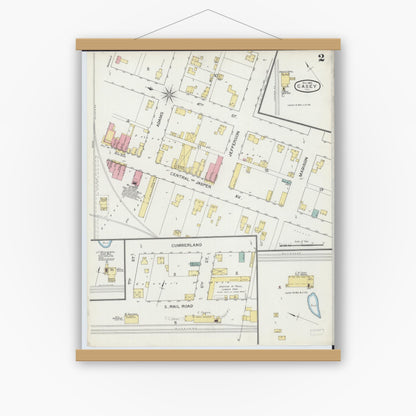 Old map wall art mockup — magnetic wood frame on white wall — Sanborn Fire Insurance Map from Casey, Clark County, Illinois (1893), Sheet #0002