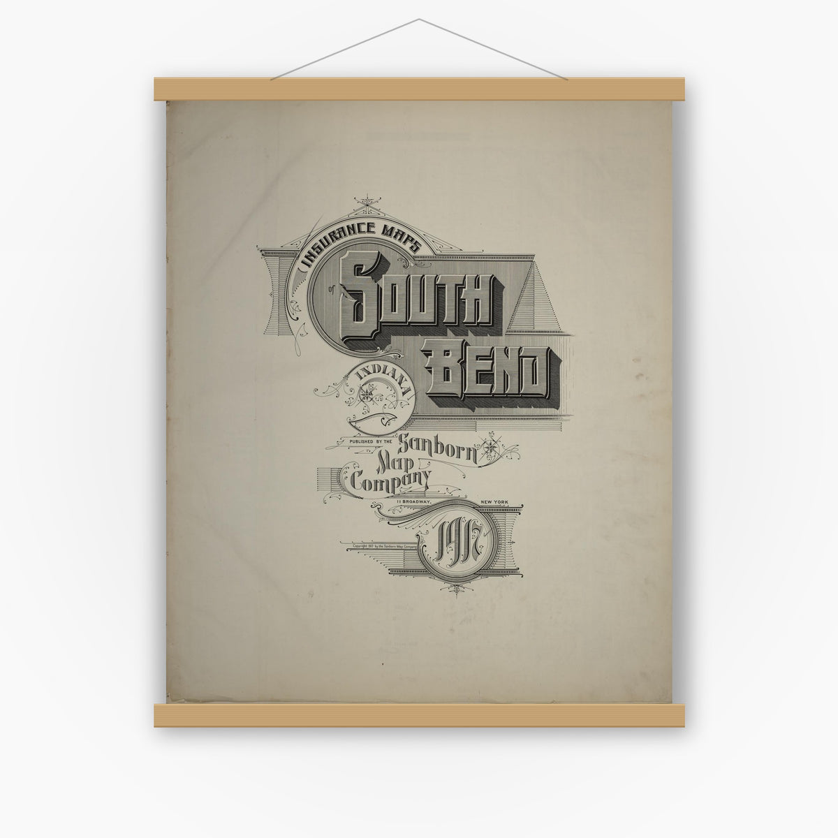 Old map wall art mockup — magnetic wood frame on white wall — Sanborn Fire Insurance Map from South Bend, Saint Joseph County, Indiana (1917), Sheet #0001