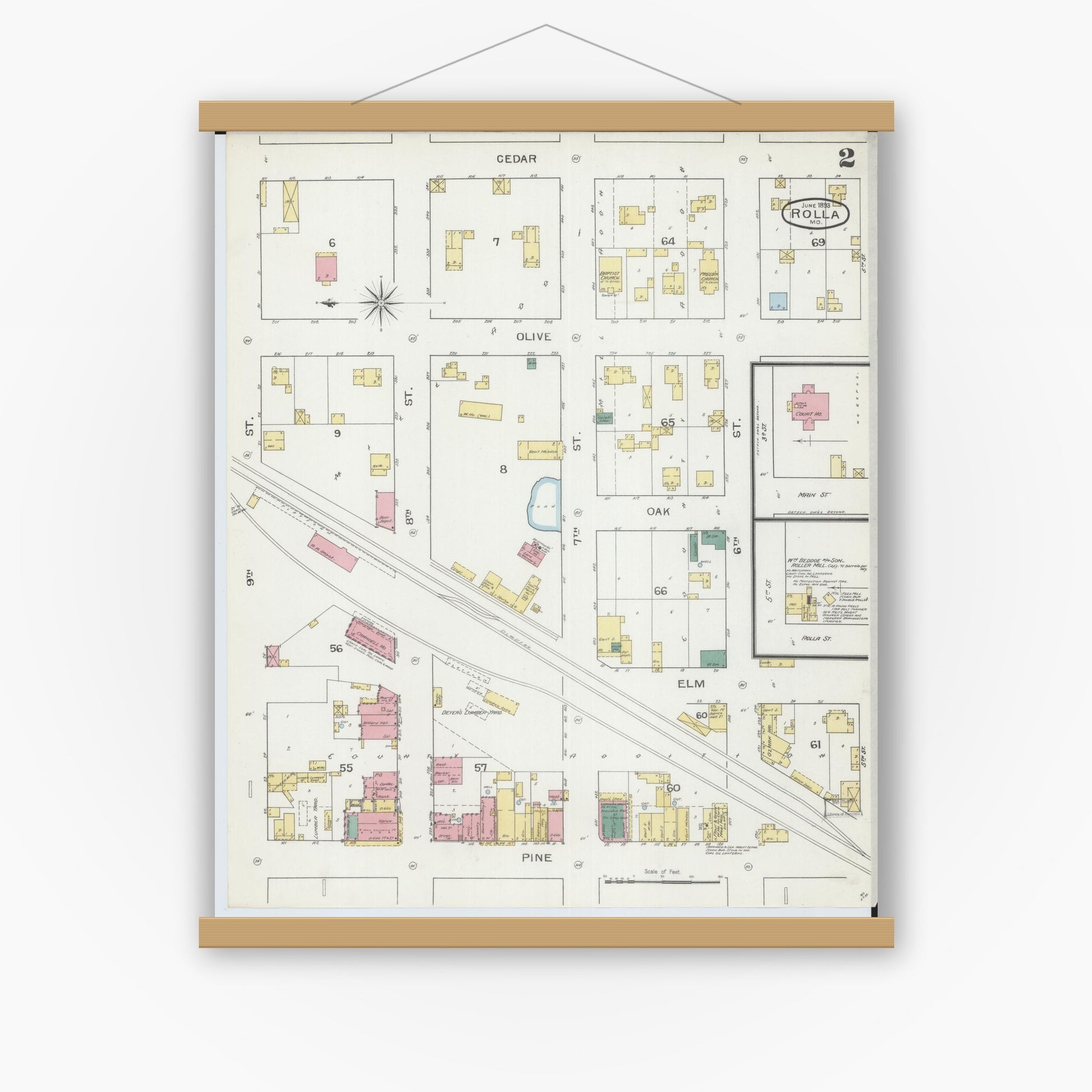 Old map wall art mockup — magnetic wood frame on white wall — Sanborn Fire Insurance Map from Rolla, Phelps County, Missouri (1893), Sheet #0002