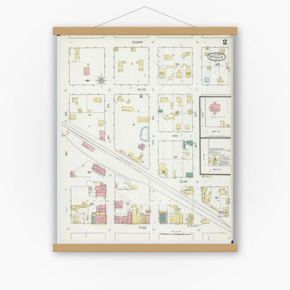 Old map wall art mockup — magnetic wood frame on white wall — Sanborn Fire Insurance Map from Rolla, Phelps County, Missouri (1893), Sheet #0002