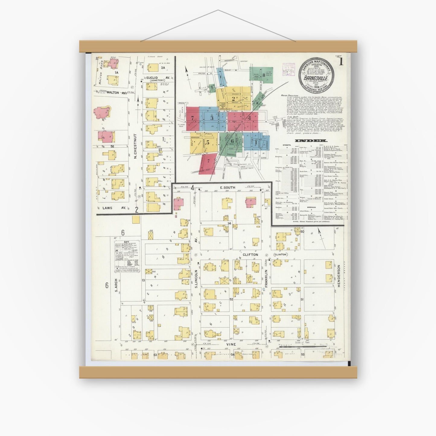 Old map wall art mockup — magnetic wood frame on white wall — Sanborn Fire Insurance Map from Barnesville, Belmont County, Ohio (1908), Sheet #0001