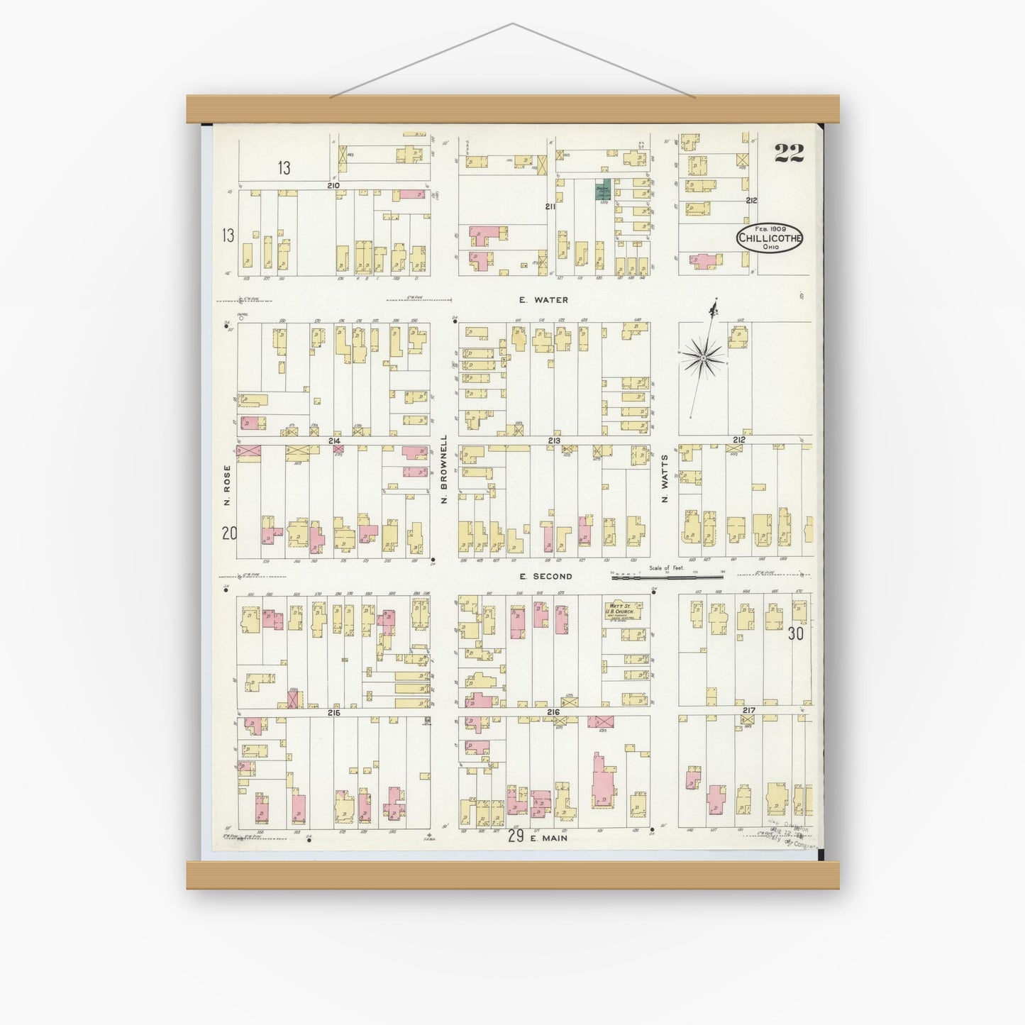 Old map wall art mockup — magnetic wood frame on white wall — Sanborn Fire Insurance Map from Chillicothe, Ross County, Ohio (1909), Sheet #0022