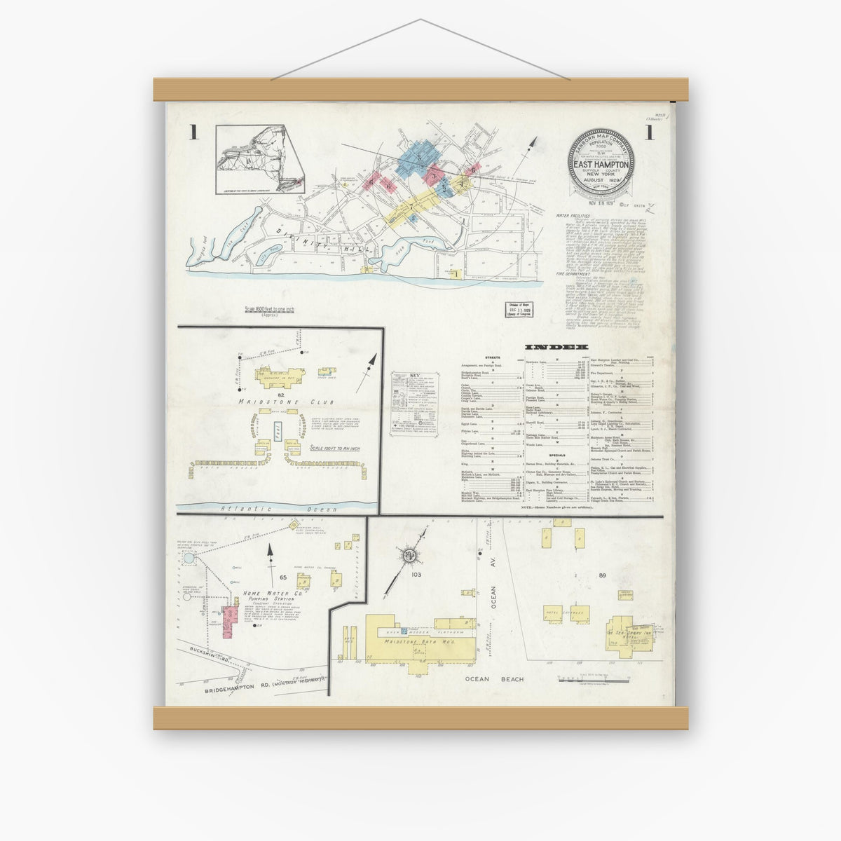 Old map wall art mockup — magnetic wood frame on white wall — Sanborn Fire Insurance Map from Easthampton, Suffolk County, New York (1929) - Complete Map Set
