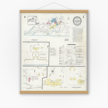 Old map wall art mockup — magnetic wood frame on white wall — Sanborn Fire Insurance Map from Easthampton, Suffolk County, New York (1929) - Complete Map Set