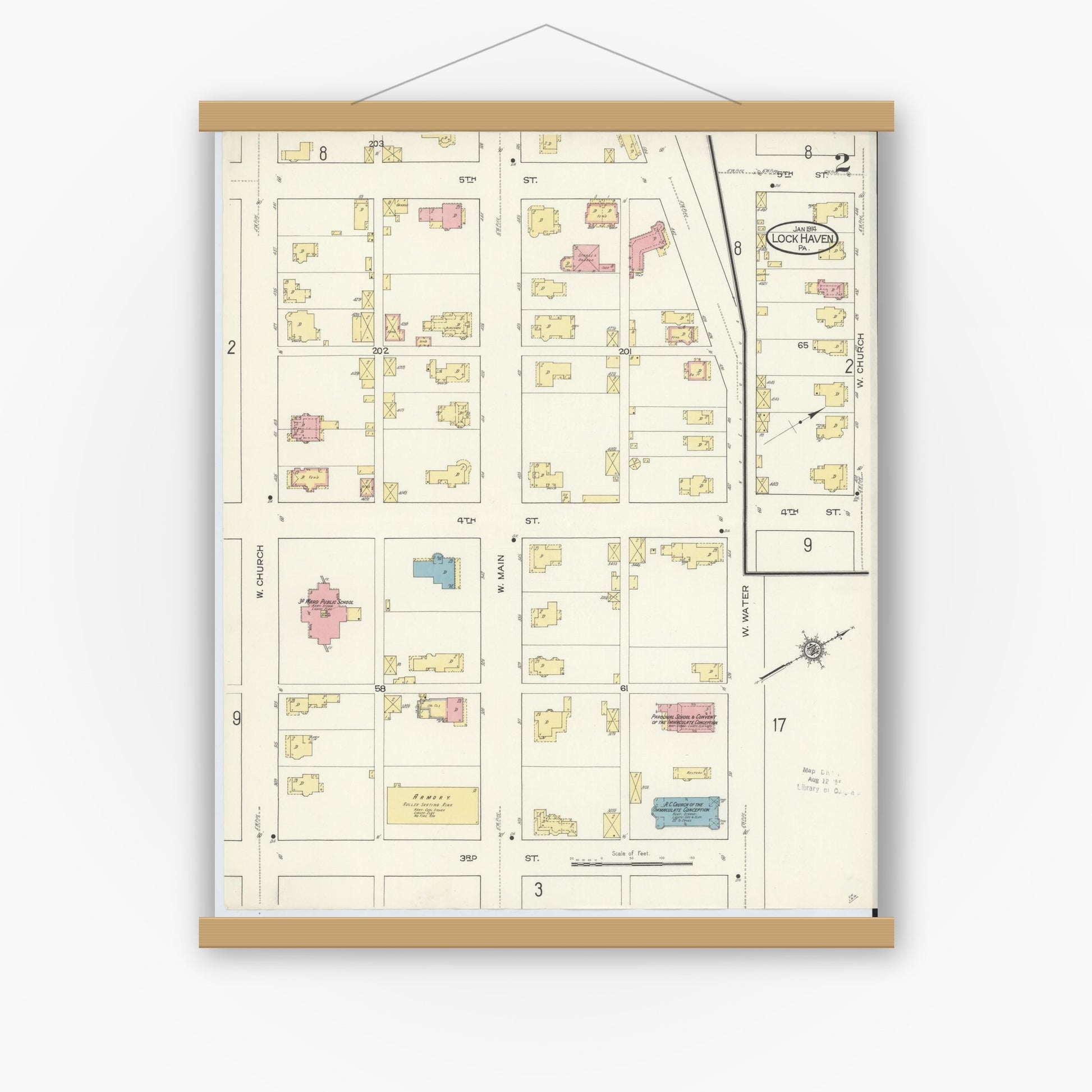 Old map wall art mockup — magnetic wood frame on white wall — Sanborn Fire Insurance Map from Lock Haven, Clinton County, Pennsylvania (1914), Sheet #0002